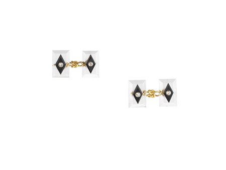 PAIO DI GEMELLI, PERIODO DÉCO, IN CRISTALLO DI ROCCA, ONICE, DIAMANTI E ORO...