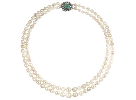 COLLANA IN PERLE NATURALI, ARGENTO, ORO, DIAMANTI E TURCHESE realizzata a due...