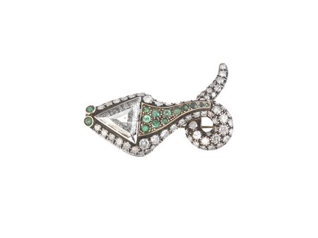 SPILLA IN ARGENTO, ORO GIALLO, DIAMANTI E SMERALDI disegnata come un...