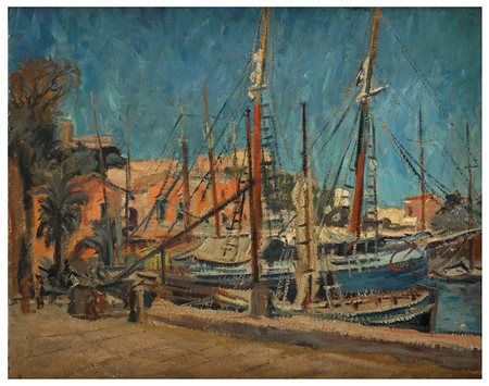 LINO BIANCHI BARRIVIERA Porto con palme, 1946 Tempera su tela, 50 x 60 cm...
