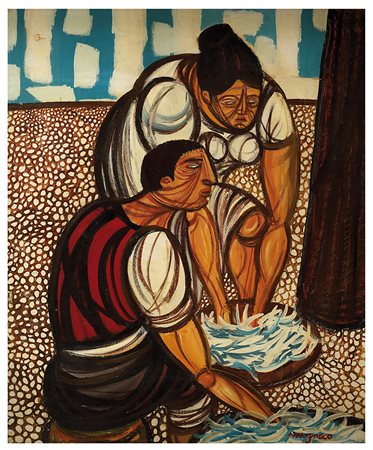 GIUSEPPE MIGNECO Pescatori Olio su tela, 60 x 50 cm Firma in basso a destra:...
