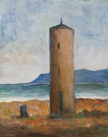 Carlo Carrá (Quargnento 1881 - Milano 1966)"La torre sul mare" 1950olio su...