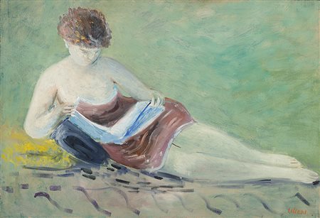 Umberto Lilloni (Milano 1898 - 1980)"Donna che legge" 1959olio su telacm...