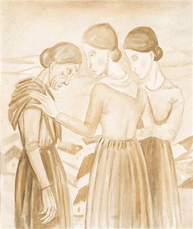 Ubaldo Oppi (Bologna 1889 - Vicenza 1942)"Tre figure" 1914acquerello seppia...