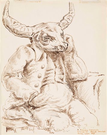 Alberto Savinio (1891-1952), Minotauro, 1949 ca china su carta, cm 28x22...