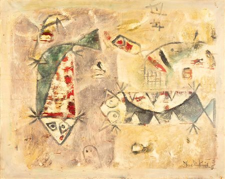 Ibrahim Kodra (1918-2006), Composizione, 1961 olio su tela, cm 80x100 firmato...