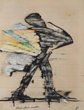Irving Petlin (1934), Black stone archer, 1966 olio su cartoncino applicato...