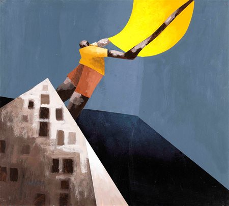 Emilio Tadini (1927-2002), Uomo con la luna acrilico su carta, cm 44,5x50...