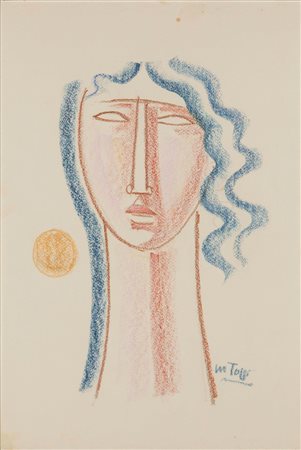 Mario Tozzi (1895-1979), Testina dai capelli blu, 1974 pastello su carta, cm...
