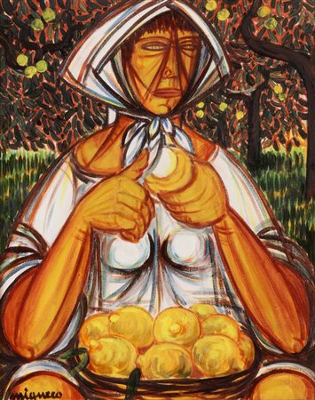 Giuseppe Migneco (1908-1997), Contadina olio su tela, cm 50x40 firmato in...