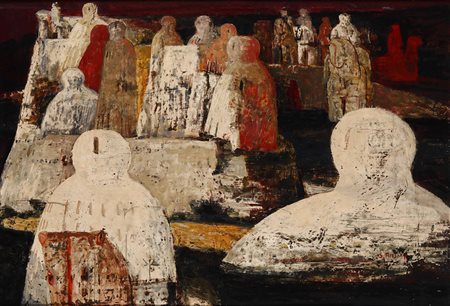 Salvatore Fiume (1915-1997), Isola con statue olio su tavola, cm 36x55...