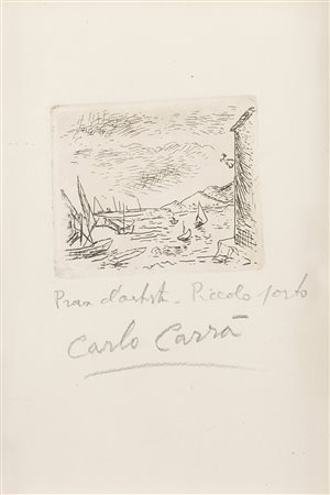 Carlo Carrà (1881-1966), Piccolo porto, acquaforte su carta, cm 5x6,5 (foglio...