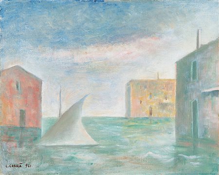 Carlo Carrà (1881-1966), Vela a Venezia, 1941, olio su tela, cm 40x50 Firmato...