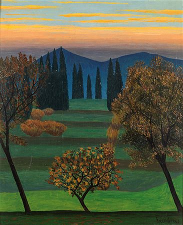 Luigi Russolo (1885-1947), La collina dei cipressi, 1945, olio su compensato...