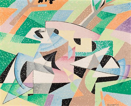 Gino Severini (1883-1966), Le Cylcliste, 1956, olio su tavola, cm 41x51...