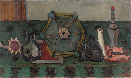 Giuseppe Santomaso (1907-1990), Natura morta con fanale, chiave e bottiglie,...