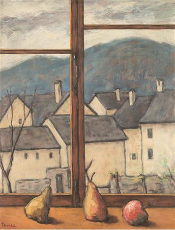 Fiorenzo Tomea (1910-1960), Finestra, 1957, olio su tavola, cm 51x40 Firmato...