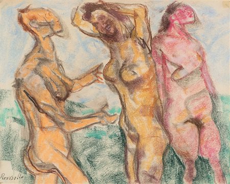 Fausto Pirandello (1899-1975), Tre nudi in piedi, pastelli su carta, cm...