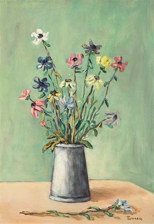 Fiorenzo Tomea (1910-1960), Vaso di fiori, olio su tela , cm 50x35 Firmato in...