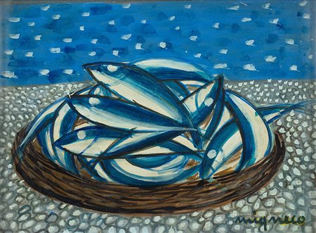 Giuseppe Migneco (1908-1997), Pesci (pesci sulla spiaggia), 1969, olio su...