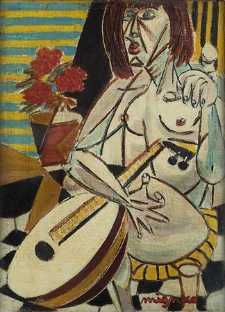 Giuseppe Migneco (1908-1997), Donna con chitarra, acquerello su carta...