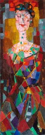 Bruno Cassinari (1912-1992), Figura in rosso, 1955, olio su tela, cm 110x37...