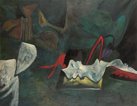 Gianni Dova (1925-1991), Interno verde, 1960, olio su tela, CM 130X165...