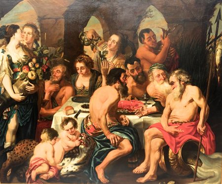 JACOB JORDAENS (BOTTEGA ), Dipinto olio su tela raffigurante "cena dei...