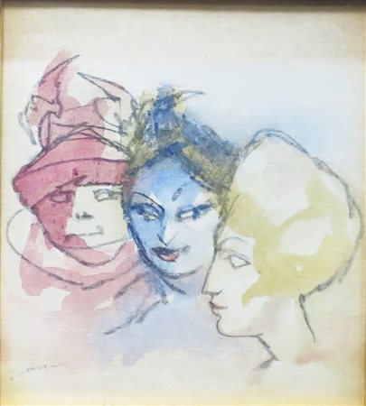 MINO MACCARI, Mino Maccari (1898/1989) acquerello pastello carta raff. "Tre...