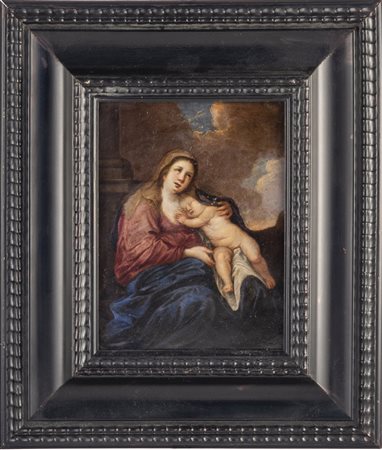 DIPINTO, Olio su rame "Madonna con bambino" - cm 23 x 17 - Genova XVII sec.
