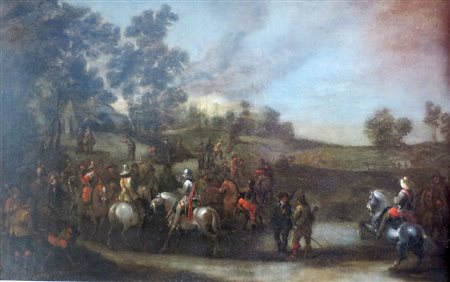 CORNELIS DE WAEL, dipinto olio su tela raff. "sosta di cavalieri" cm 84,5 x...