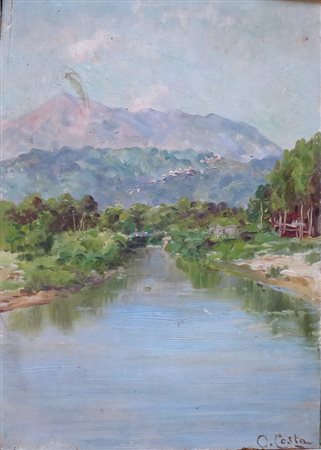 ORESTE COSTA, Oreste Costa (1851/1901) olio su tavoletta raff. "Veduta...