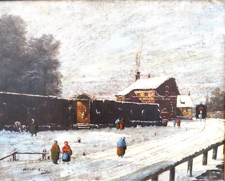 NATALI LUIGI, Dipinto olio su tela raff. "nevicata con figure" firmato in...