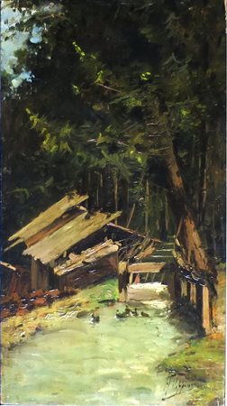 FRANCESCO FILIPPINI, Olio su tavola raffigurante "paesaggio alpestre" cm...