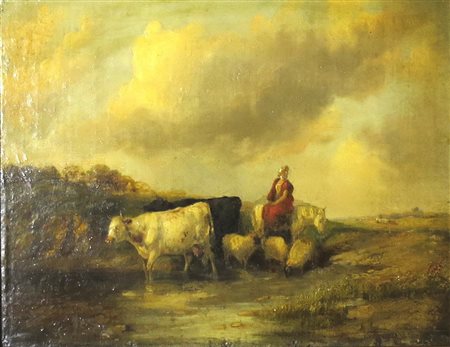 DIPINTO, Dipinto olio su tela fissata su tavola raff. "Paesaggio con figura...