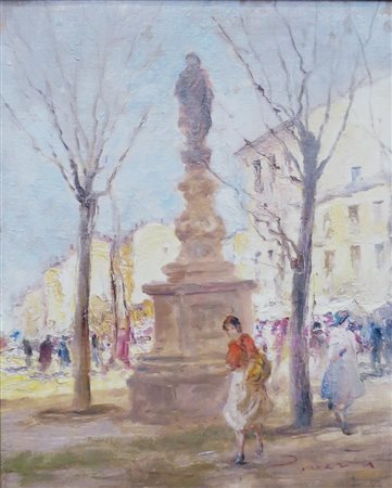 UMBERTO ZIVERI, Umberto Ziveri (1891/1971) Olio su cartone raff. "Mercatino...