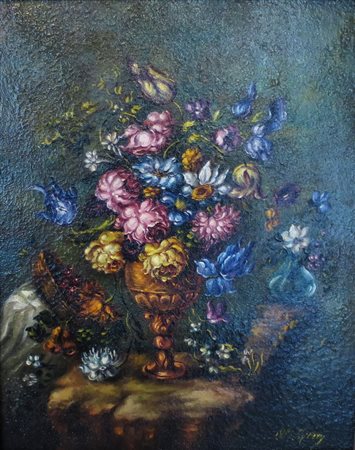 DIPINTO, Dipinto olio su tela fissato su tavola raff. "Natura morta di fiori...