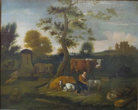 DIPINTO, Dipinto olio su tela raff. "Armenti con figure" - cm 82 x 66.5 -...