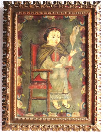 DIPINTO, Dipinto olio su tela raff. "figura in trono entro ghirlanda di...