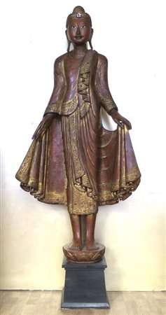 BUDDA THAI, Scultura in legno Budda Thai con applicazione di pietre a decoro...