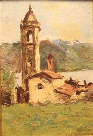 DOMENICO DE BERNARDI, dipinto olio su cartone raff. "chiesa" firmato