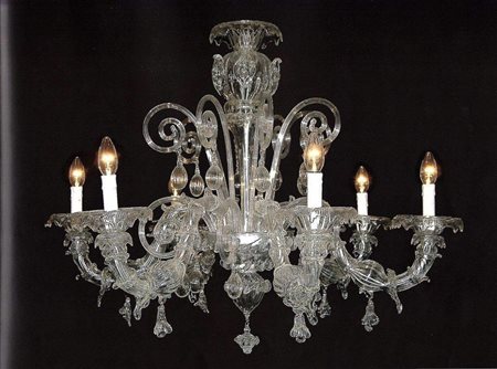 LAMPADARIO, Lampadario in vetro soffiato di Murano a sei luci altezza cm 85...