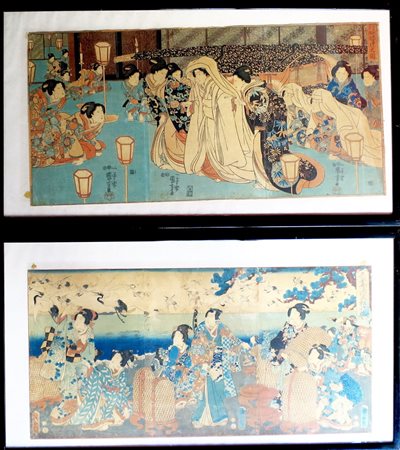 COPPIA DIPINTI, Kunisaga coppia di tempere su carta raff. "figure e volatili"...