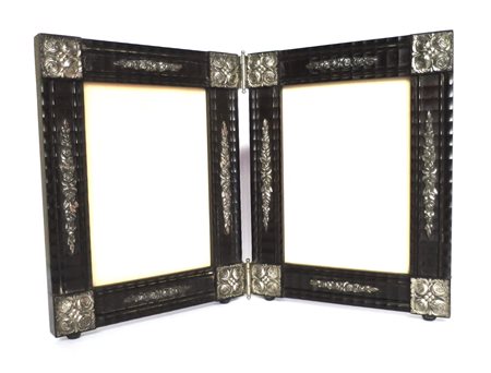 CORNICE, Cornice doppia in legno ebanizzato con applicazioni e decori in...