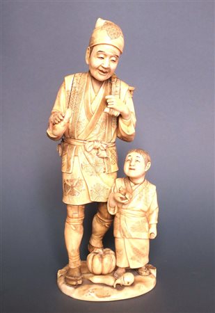 GIAPPONE, Avorio "contadino con bimbo, verdure e uccellino" - periodo Meiji...