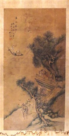 GIAPPONE, Pannello Giappone raff. "Alberi e figure" - cm 78 x 147 - firmato...