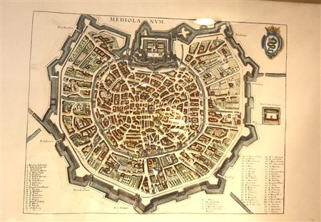 CARTINA, Cartina di Milano acquerellata con stemma in alto a dx - cm 53 x 38...