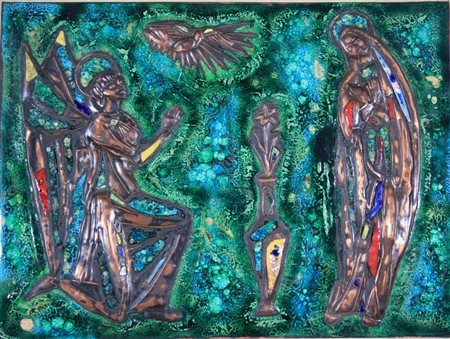 PIERO DE VECCHI, Piero de Vecchi placca in rame smaltato raff. "Venerazione...