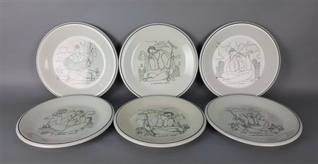 GIO' PONTI, Sei piatti raff. "Personaggi stanchi" - disegni di Giï¿½ Ponti...