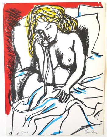 RENATO GUTTUSO, Renato Guttuso litografia raff. "donna al telefono" - cm 23 x...